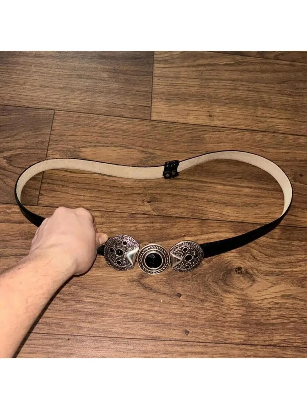 Black genuine, leather line animal printed buckle belt gem Native American look